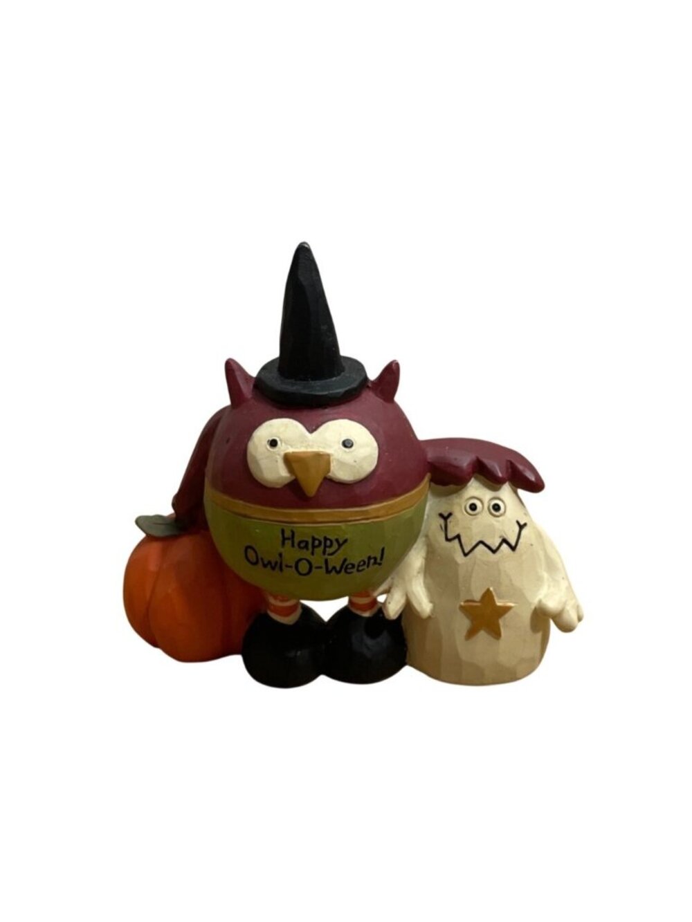 Happy Owl-O-Ween Owl Ghost Figurine w Pumpkin Blossom Bucket B Lloyd Halloween